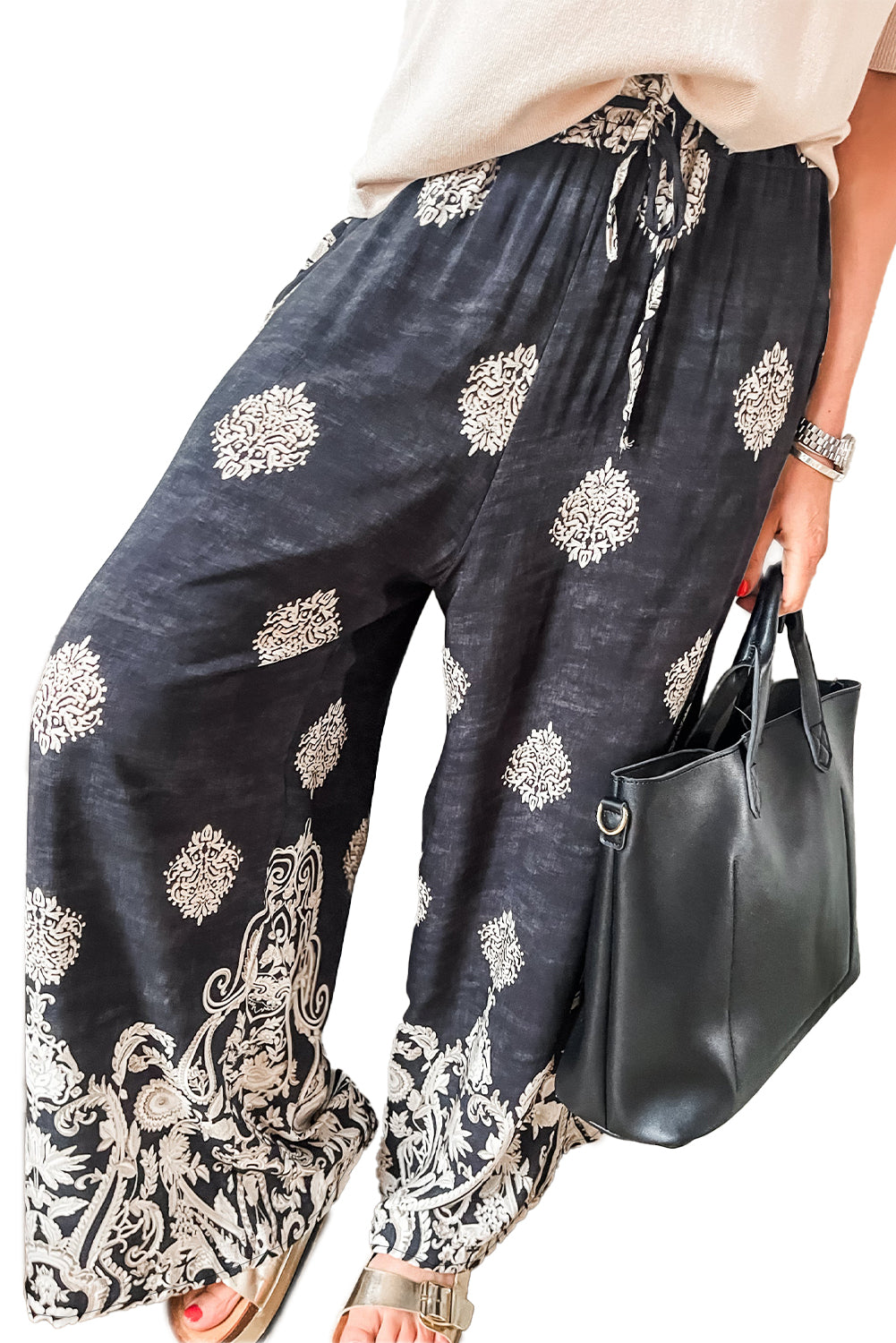 Black Bohemian Printed Drawstring Waist Wide Leg Pants - Glimmer Road
