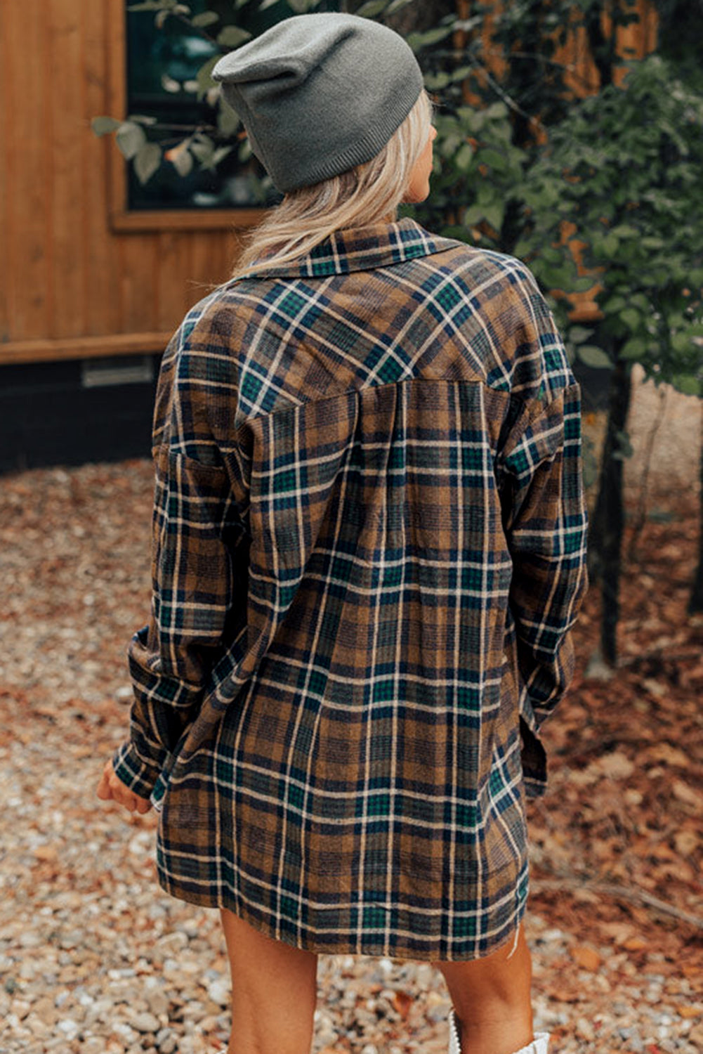 Brown Plaid Print Chest Pockets Buttoned Shirt Jacket - Glimmer Road