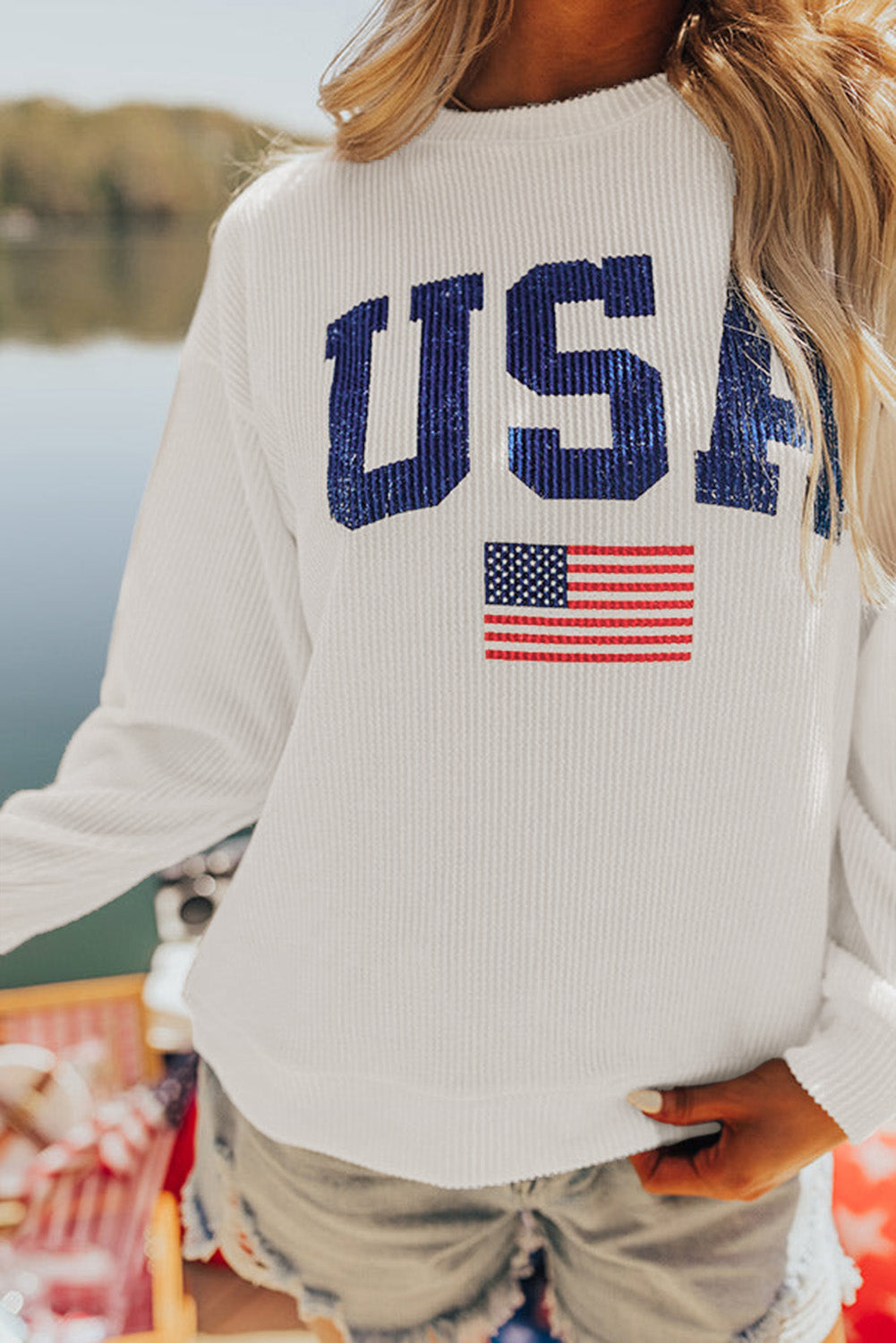 White USA Flag Corded Graphic Sweatshirt - Glimmer Road