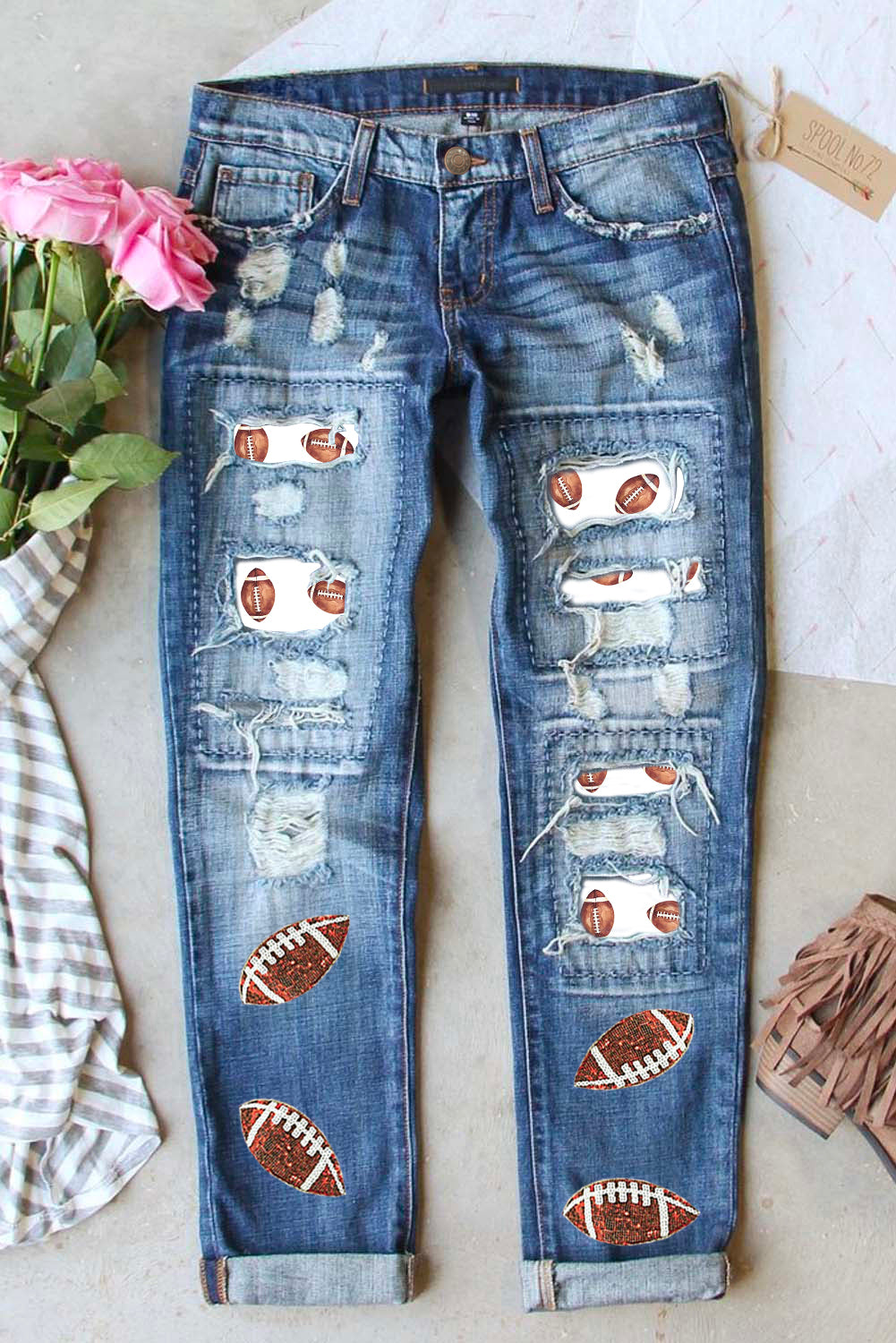 Sky Blue Sequin Rugby Football Patchwork Distressed Straight Leg Jeans - Glimmer Road