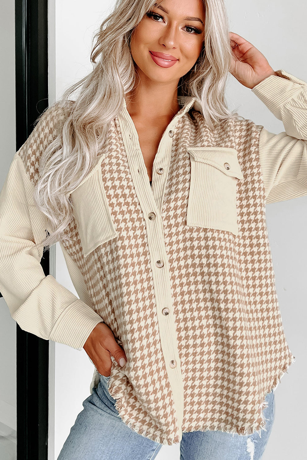 Parchment Houndstooth Corduroy Patchwork Flap Pocket Shacket - Glimmer Road