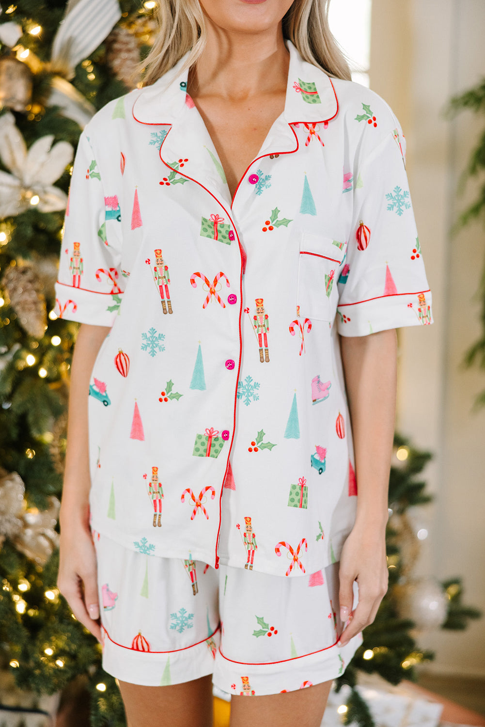 White Christmas Print Short Sleeve Shirt and Shorts Pajama Set - Glimmer Road