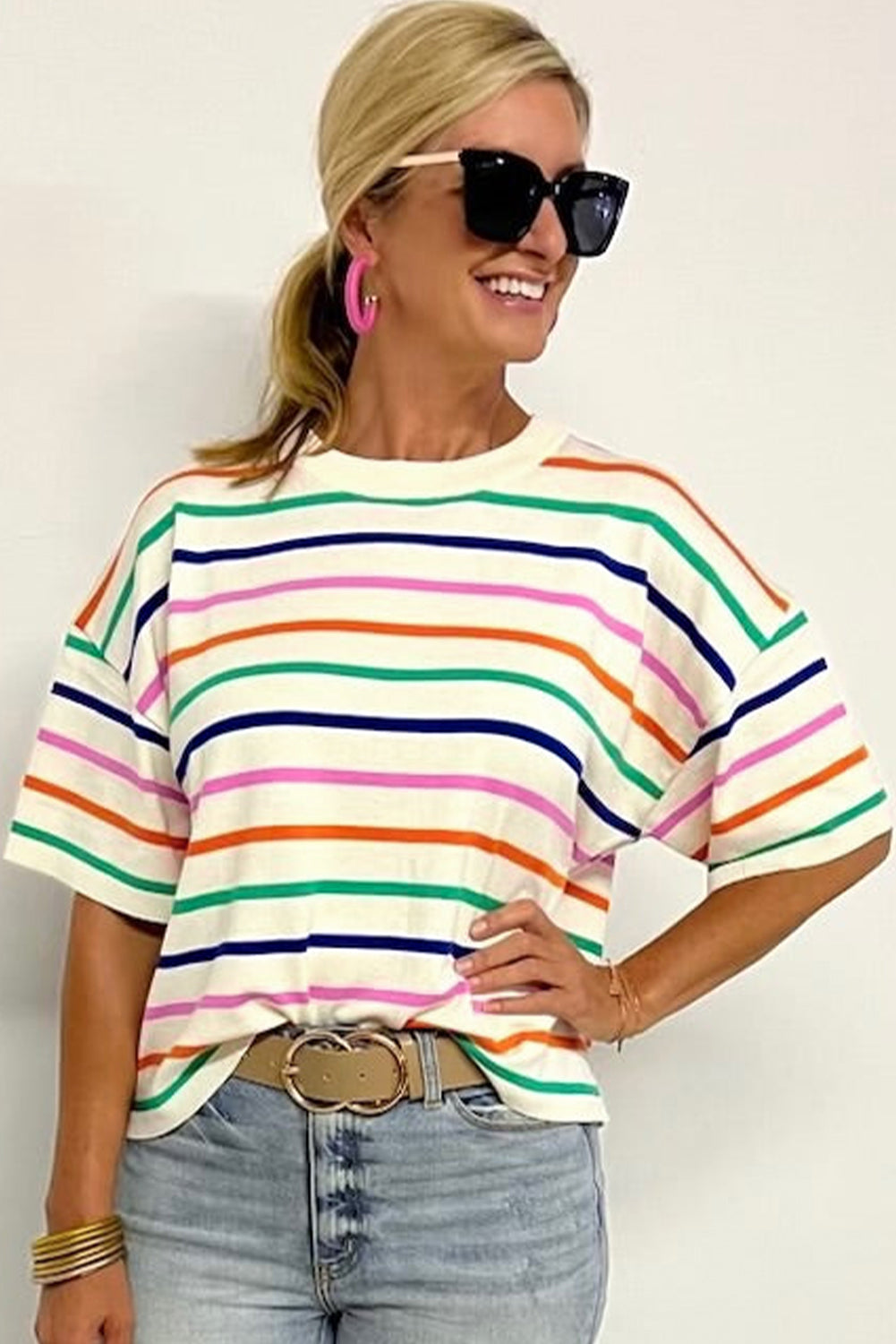 Beige Stripe Dropped Short Sleeve Boxy Fit Knitted Top - Glimmer Road