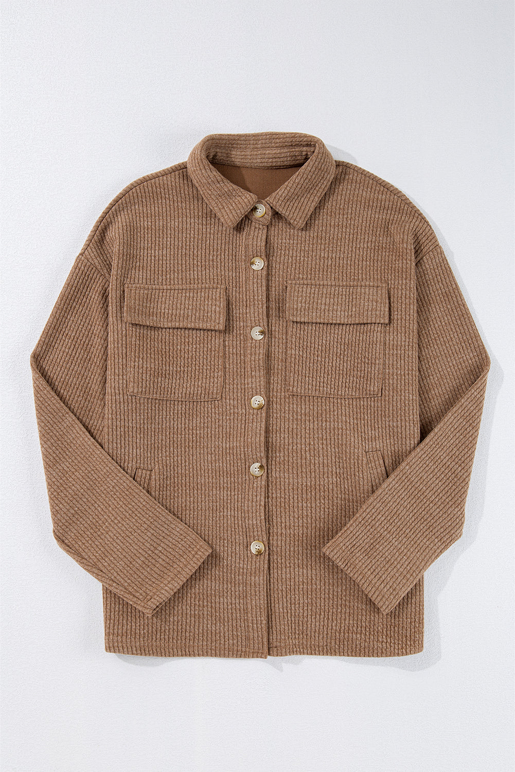 Dark Khaki Solid Color Corduroy Buttoned Long Sleeve Shacket - Glimmer Road
