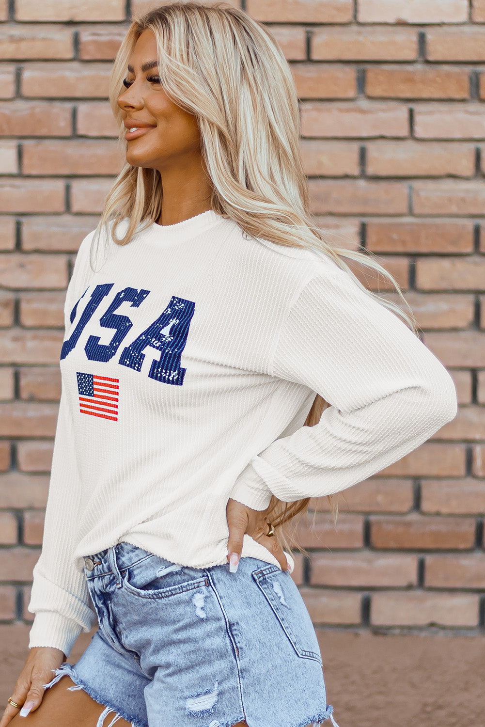 White USA Flag Corded Graphic Sweatshirt - Glimmer Road