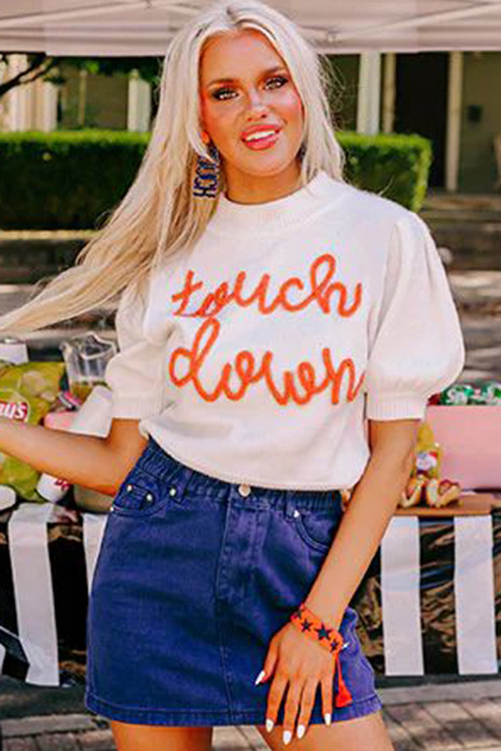 White Touchdown Tinsel Puff Short Sleeve Crew Neck Sweater - Glimmer Road