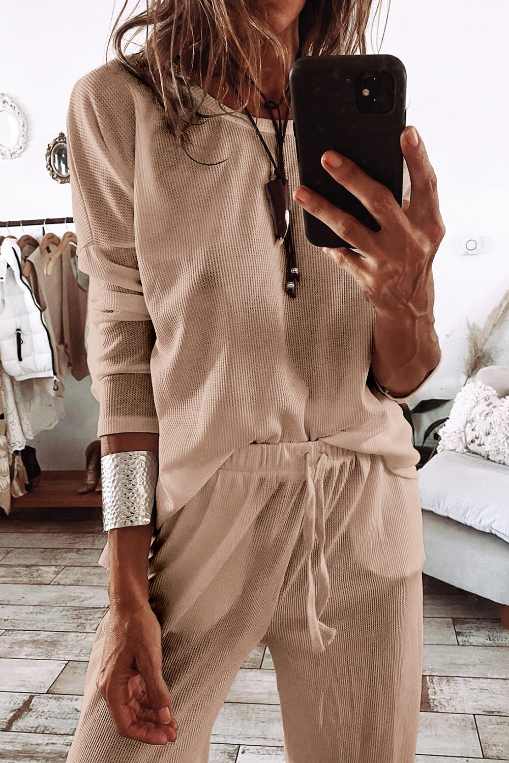 Black Textured Long Sleeve T Shirt and Pants Lounge Set