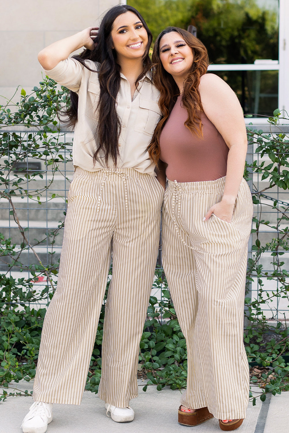 Khaki Stripe Print Wide Leg Drawstring Pants - Glimmer Road
