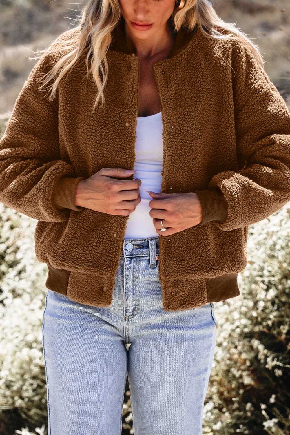 Redwood Burl Sherpa Ribbed Baseball Collar Bomber Jacket - Glimmer Road