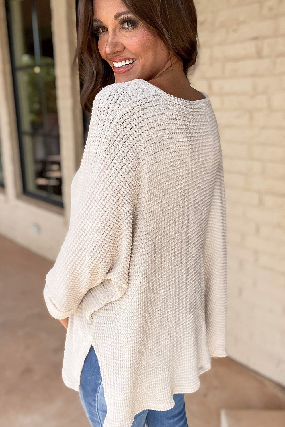 White Waffle Knit Side Slits Loose Fit V Neck Top - Glimmer Road