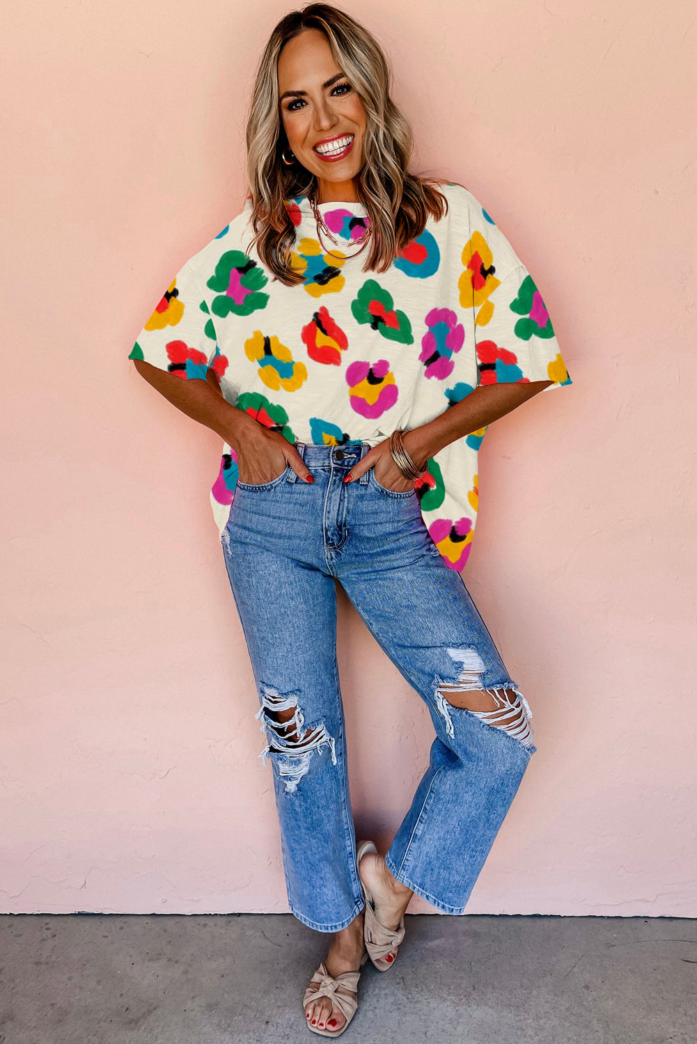 Apricot Leopard Drop Shoulder Oversize Tee - Glimmer Road