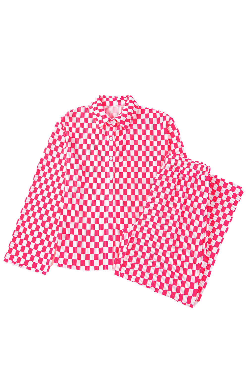 Pink Checkered Buttoned Shirt and High Waist Pants Pajama Set - Glimmer Road
