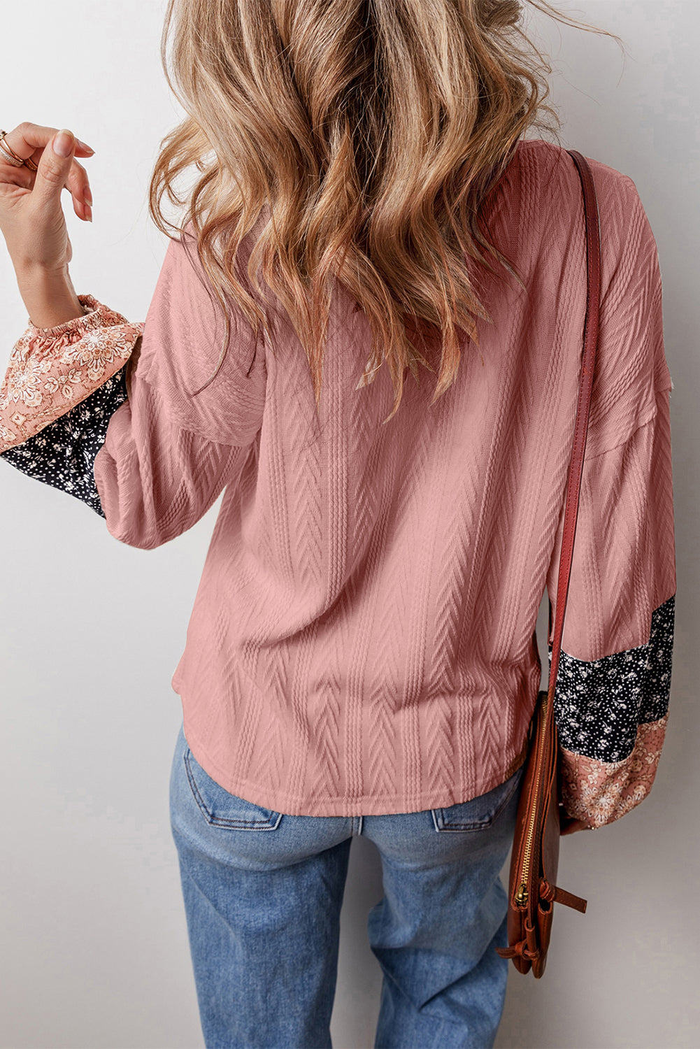 Black Floral Patchwork Textured Knit Drawstring V Neck Blouse - Glimmer Road