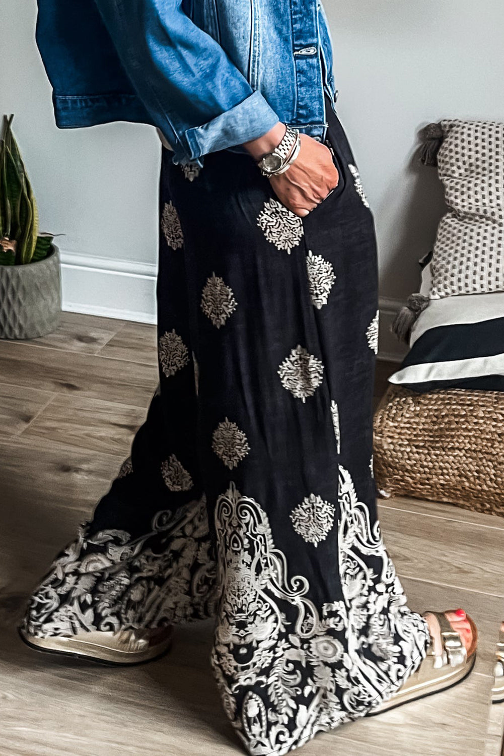 Black Bohemian Printed Drawstring Waist Wide Leg Pants - Glimmer Road