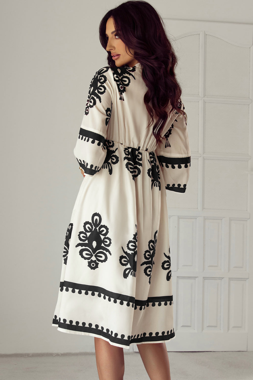 Beige Western Geometric Print 3/4 Sleeve Loose Midi Dress - Glimmer Road
