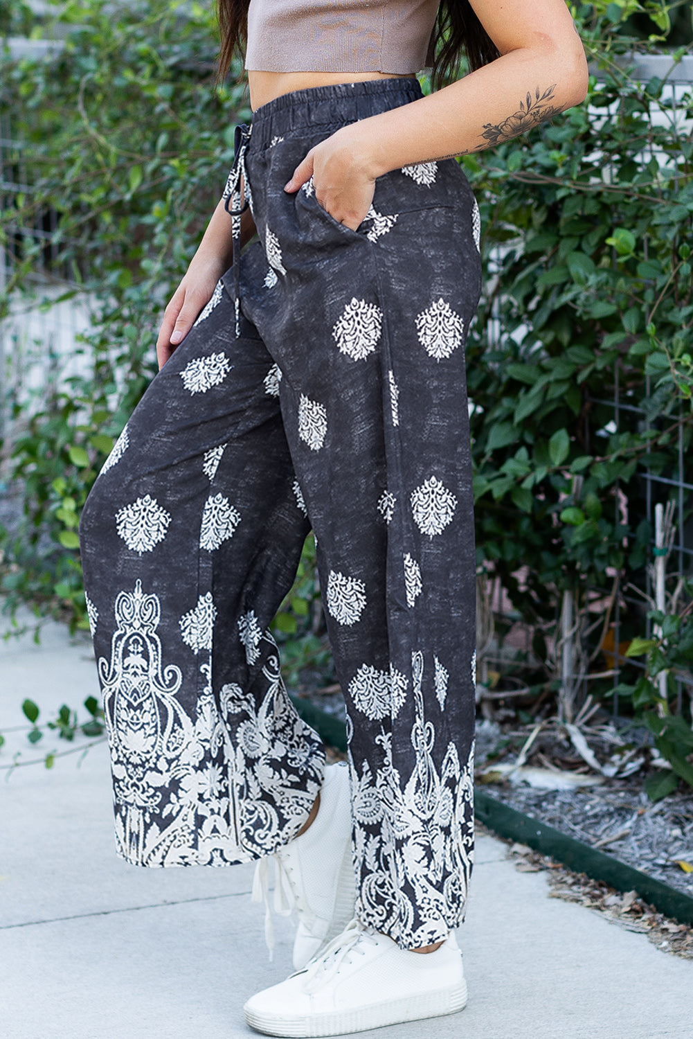 Black Bohemian Printed Drawstring Waist Wide Leg Pants - Glimmer Road