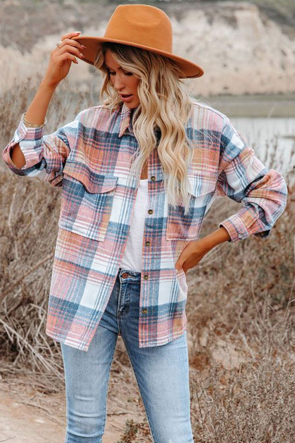 Pink Black/Pink Plaid Flap Pockets Shacket - Glimmer Road