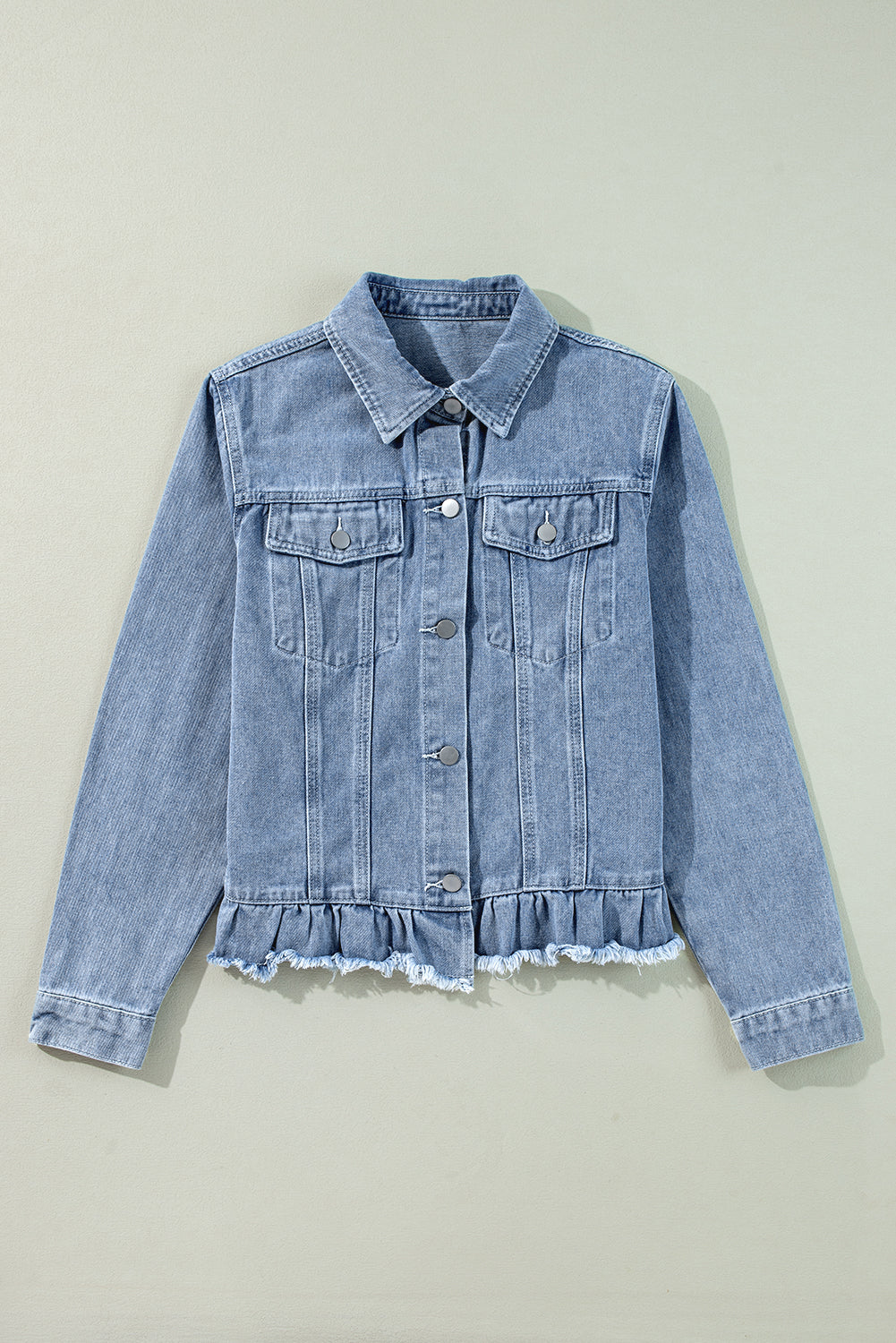 Beau Blue Ruffle Raw Hem Flap Pockets Denim Jacket - Glimmer Road