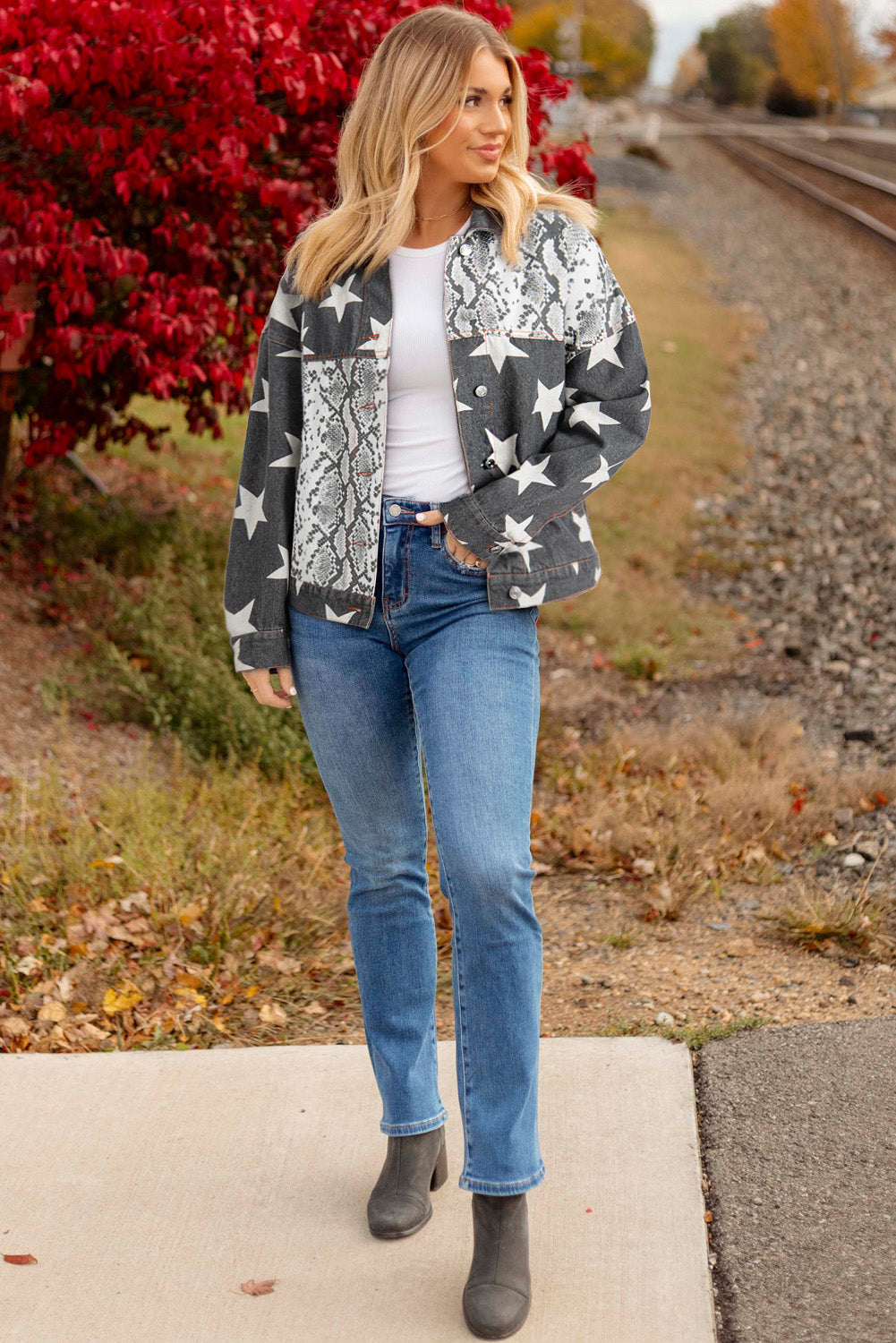 Black Star Snakeskin Printed Patchwork Denim Jacket - Glimmer Road