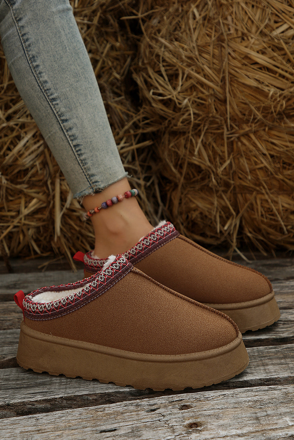 Chestnut Contrast Print Suede Plush Lined Snow Boots - Glimmer Road