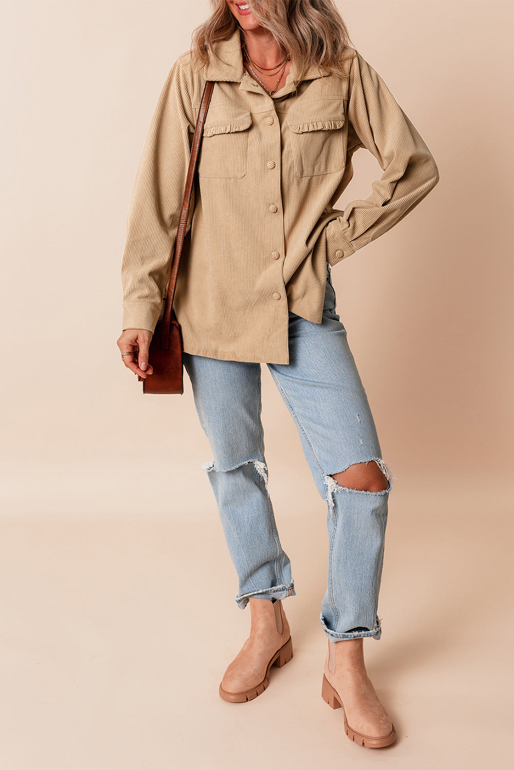 Light French Beige Solid Frilled Flap Pocket Button Up Corduroy Shacket - Glimmer Road