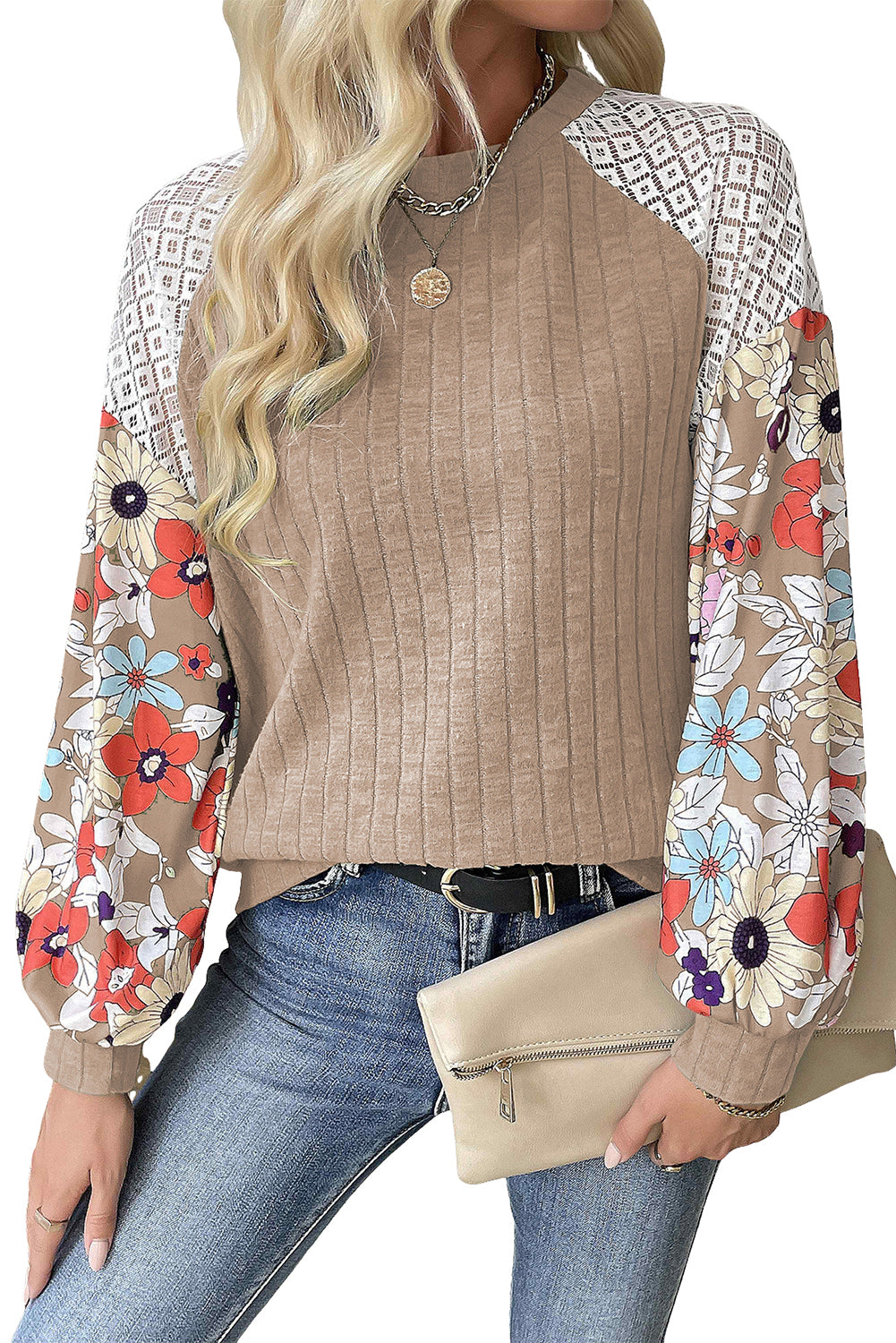 Parchment Floral Patchwork Long Sleeve Ribbed Blouse - Glimmer Road
