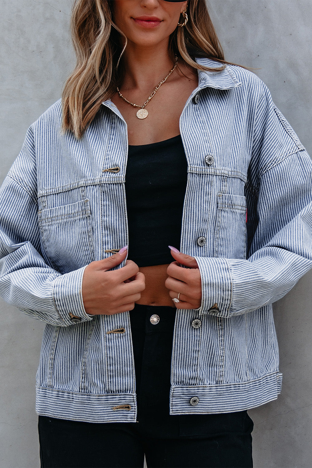 Sky Blue Stripe Washed Oversize Pocketed Denim Jacket - Glimmer Road
