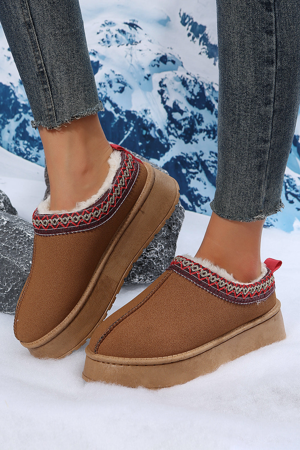 Chestnut Contrast Print Suede Plush Lined Snow Boots - Glimmer Road