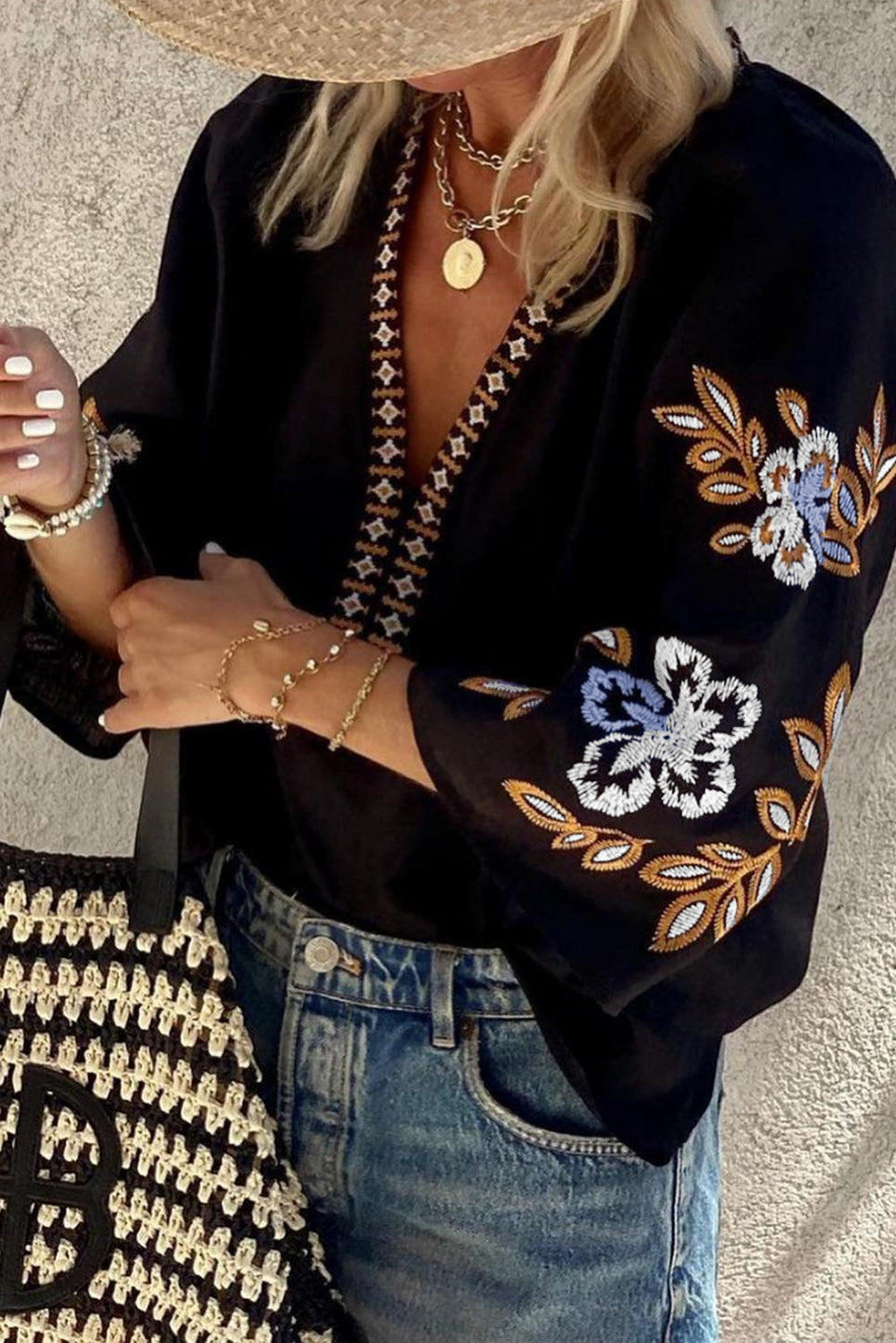 Black Bohemian Floral Embroidered V Neck Blouse - Glimmer Road