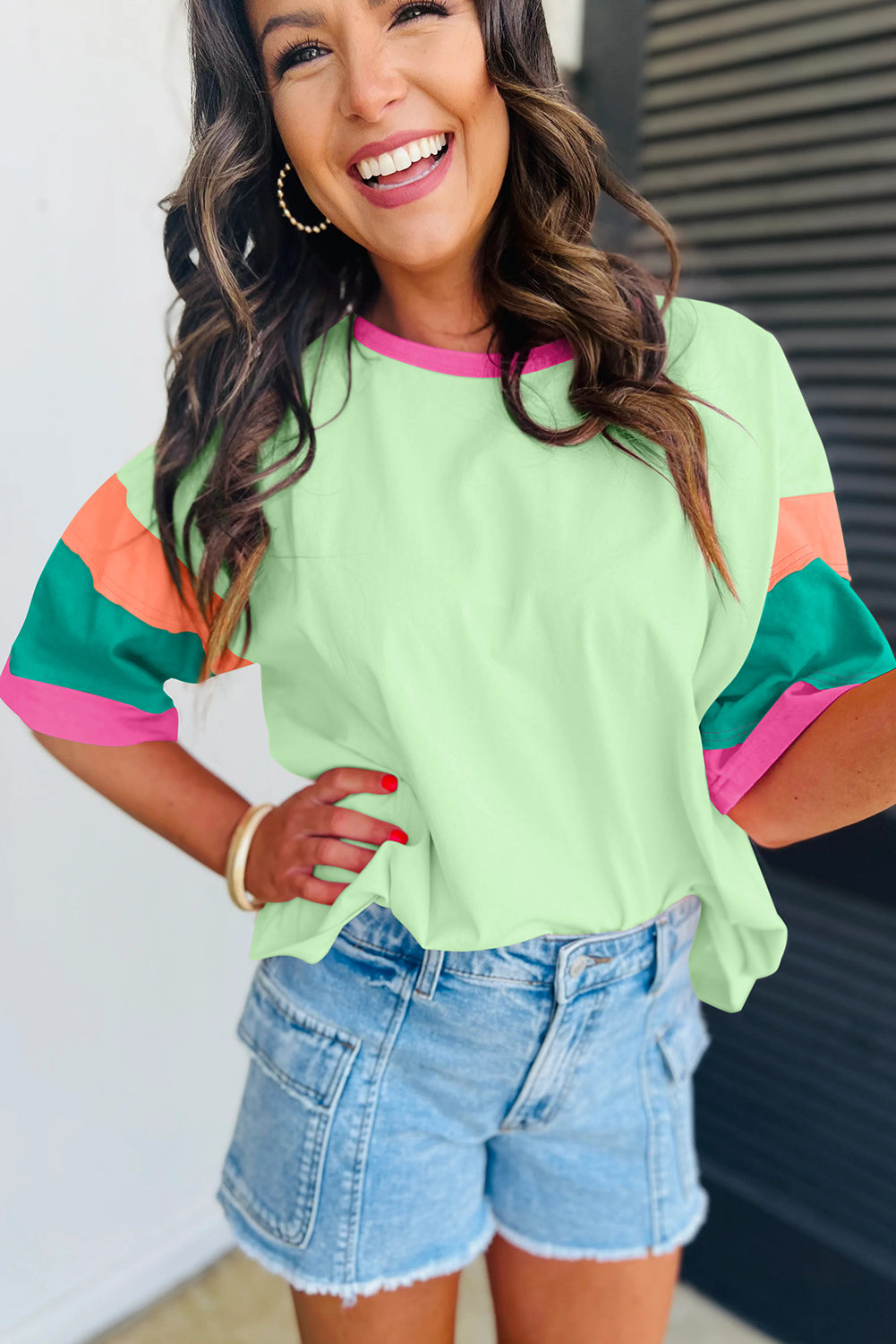 Green Color Block Stitching Sleeve Round Neck Oversize Top - Glimmer Road