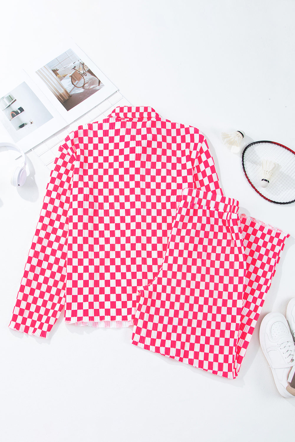 Pink Checkered Buttoned Shirt and High Waist Pants Pajama Set - Glimmer Road