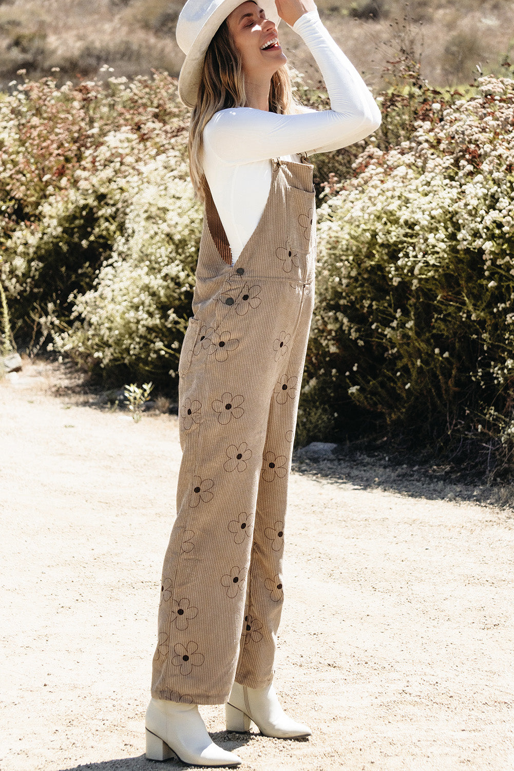 Khaki Flower Print Corduroy Overalls - Glimmer Road