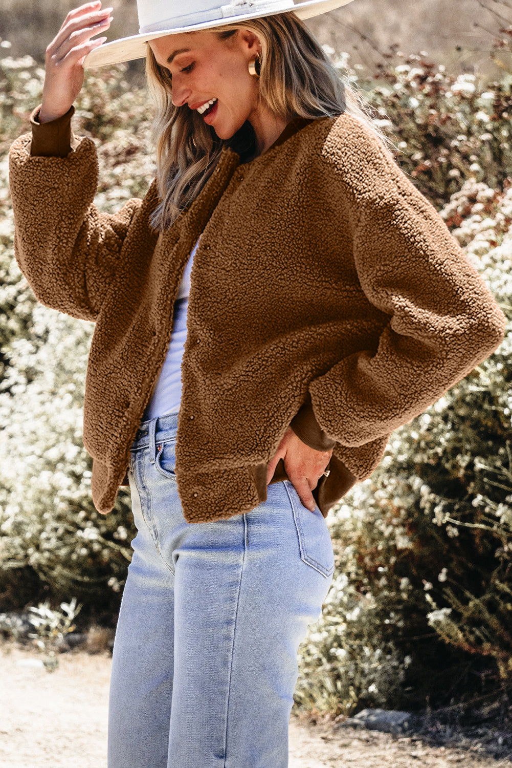 Redwood Burl Sherpa Ribbed Baseball Collar Bomber Jacket - Glimmer Road