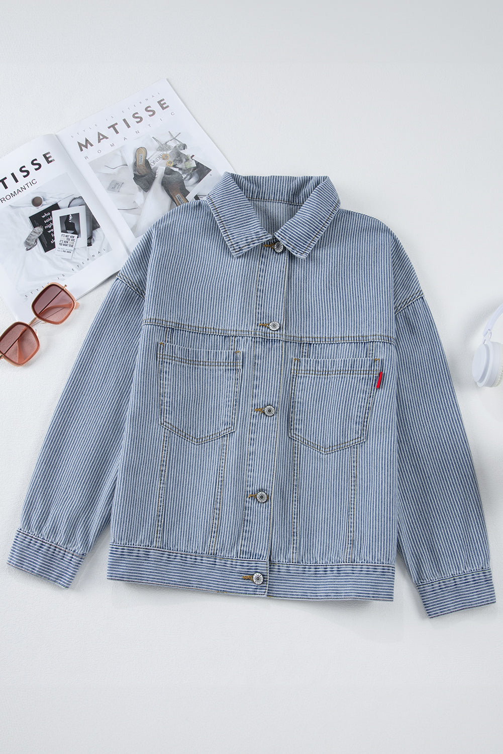 Sky Blue Stripe Washed Oversize Pocketed Denim Jacket - Glimmer Road