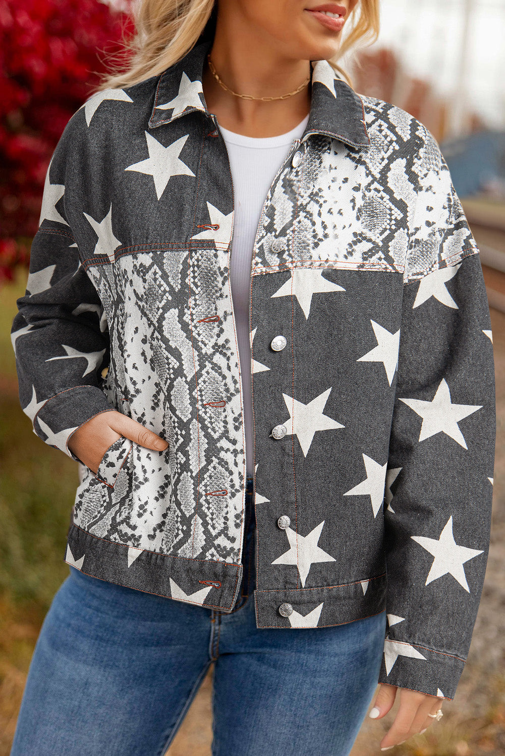 Black Star Snakeskin Printed Patchwork Denim Jacket - Glimmer Road