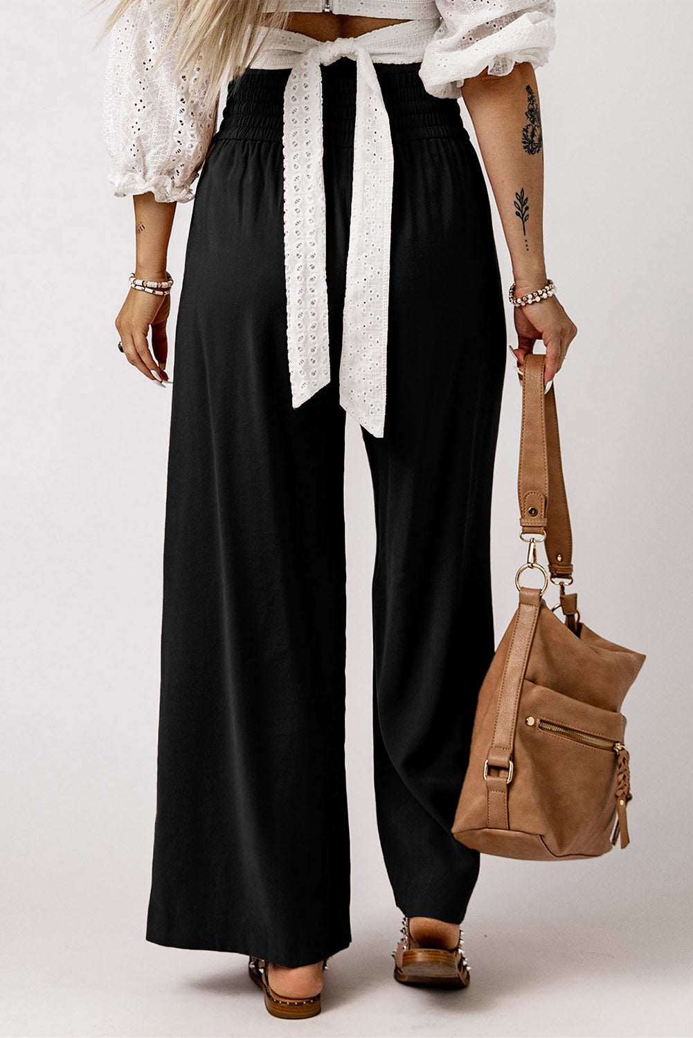 Black Drawstring Elastic Waist Casual Wide Leg Pants - Glimmer Road
