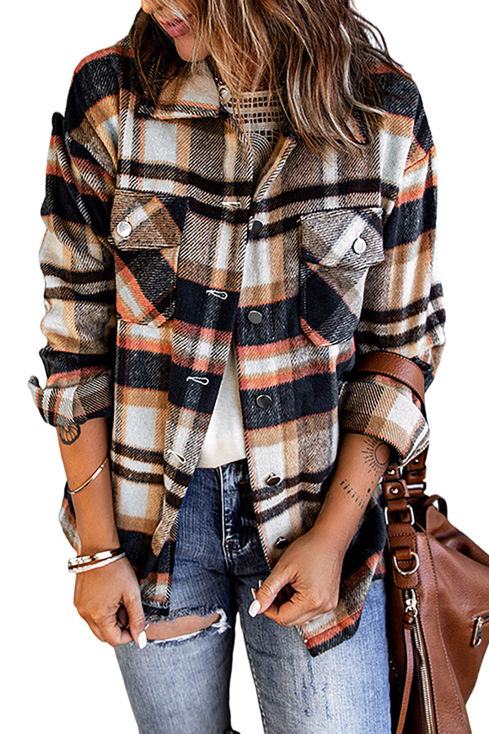 Geometric Plaid Print Pocketed Shacket - Glimmer Road