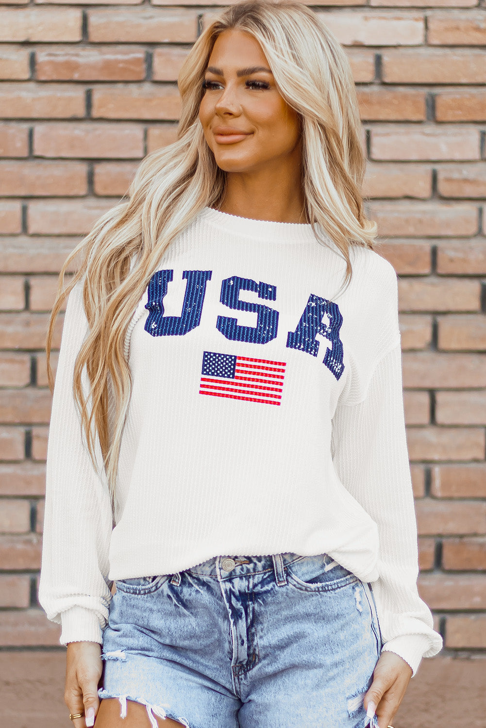 White USA Flag Corded Graphic Sweatshirt - Glimmer Road