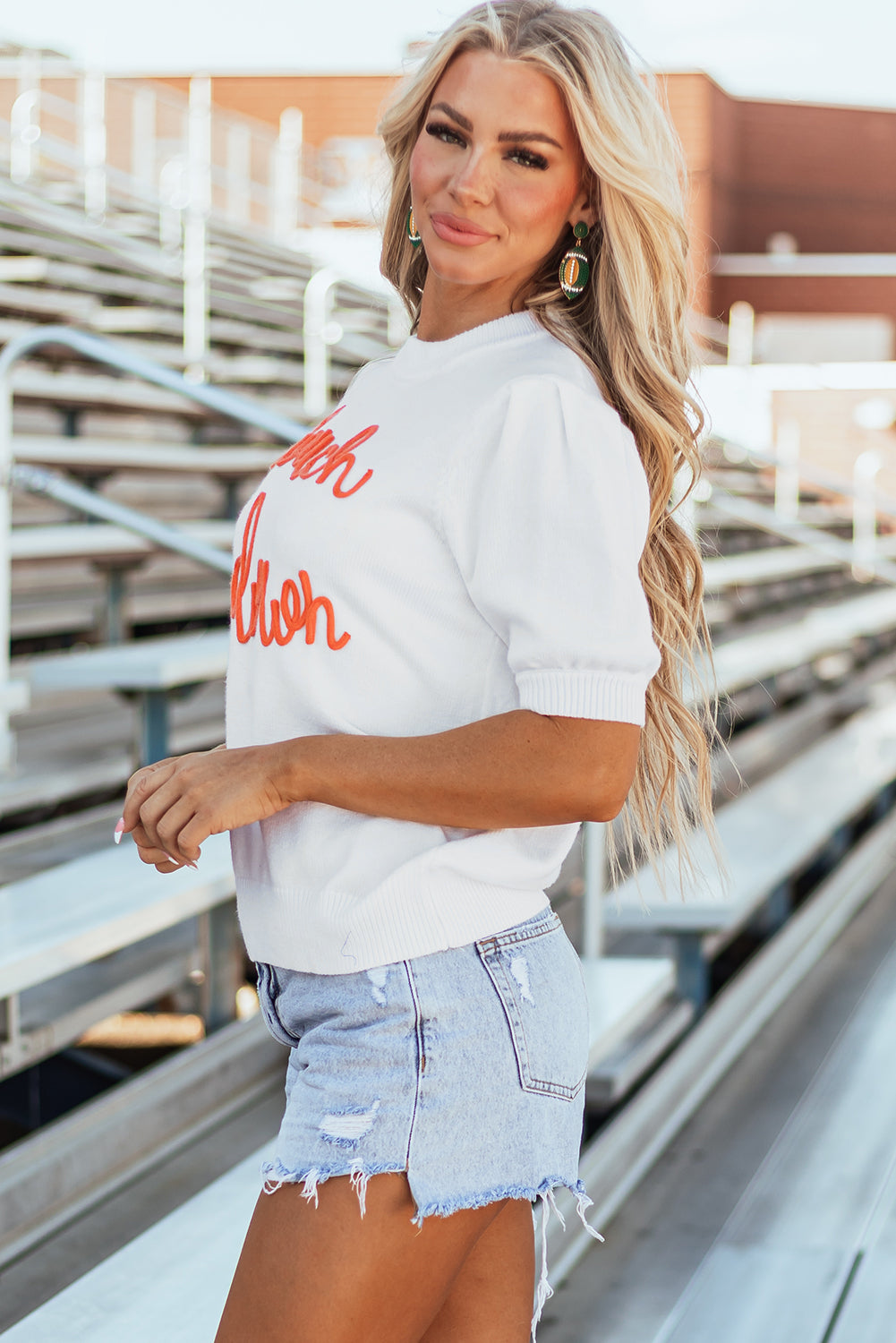 White Touchdown Tinsel Puff Short Sleeve Crew Neck Sweater - Glimmer Road