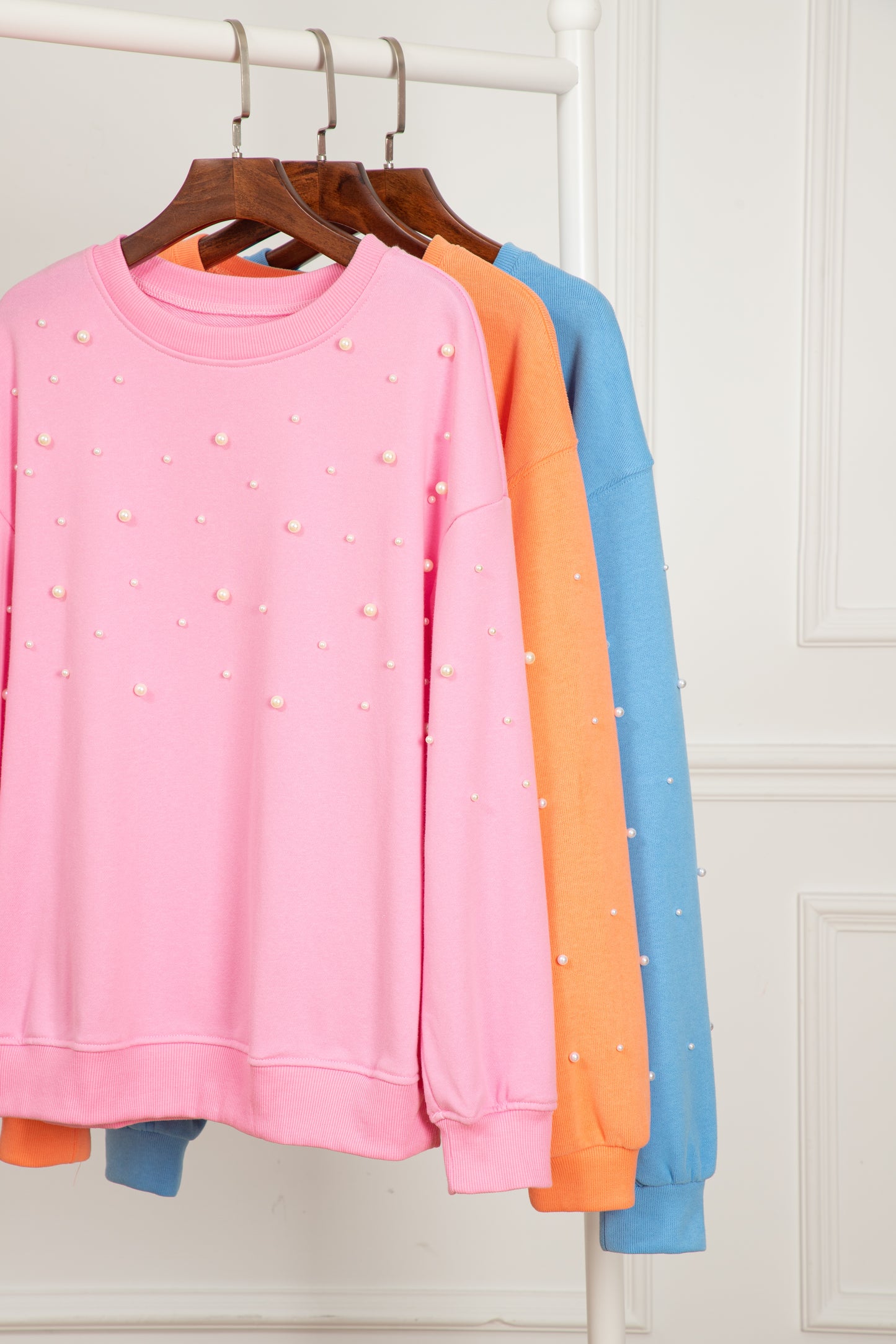 Myosotis Pearled Sleeves Drop Shoulder Round Neck Pullover Sweatshirt - Glimmer Road