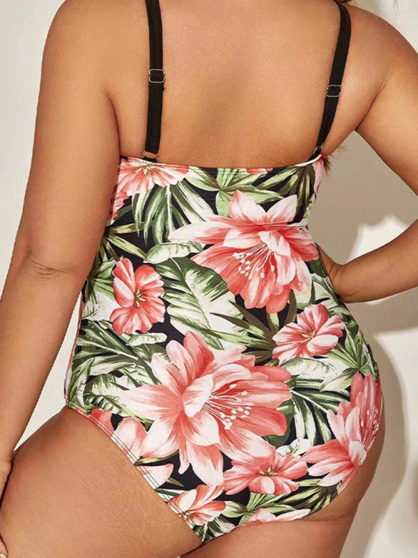 Large size sexy printed hip-covering strappy one-piece swimsuit - Glimmer Road