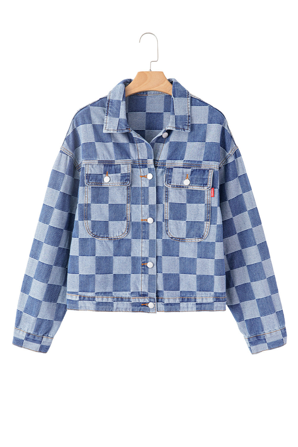 Light Blue Checkered Patchwork Button up Denim Jacket - Glimmer Road 