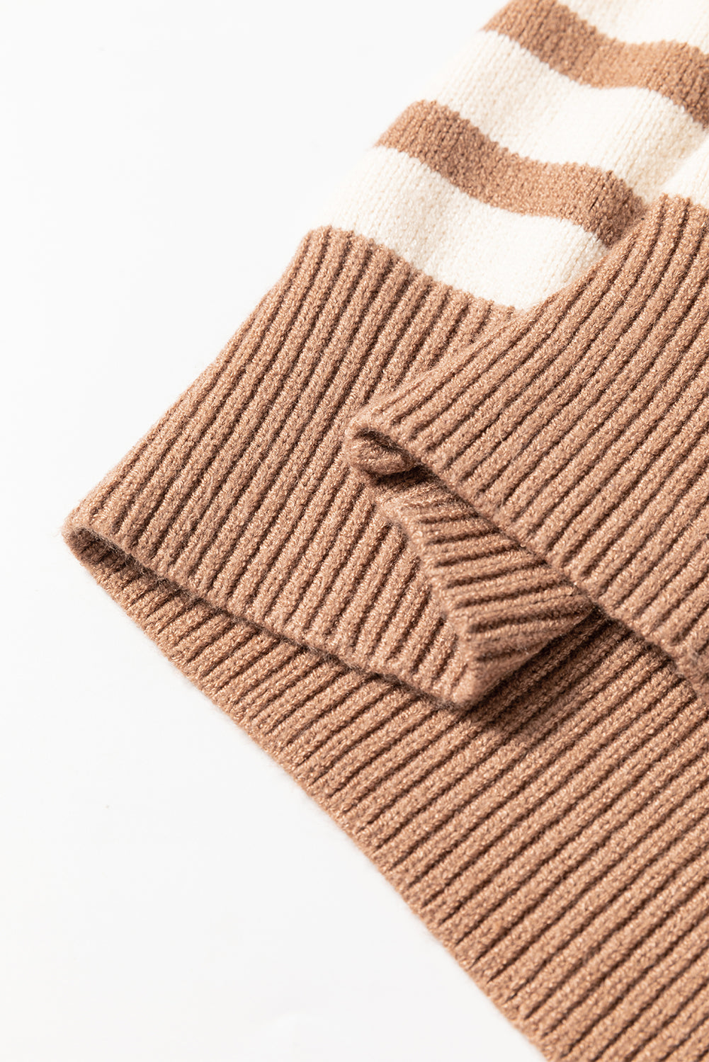 Brown Stripe Colorblock Bishop Sleeve Turtleneck Sweater