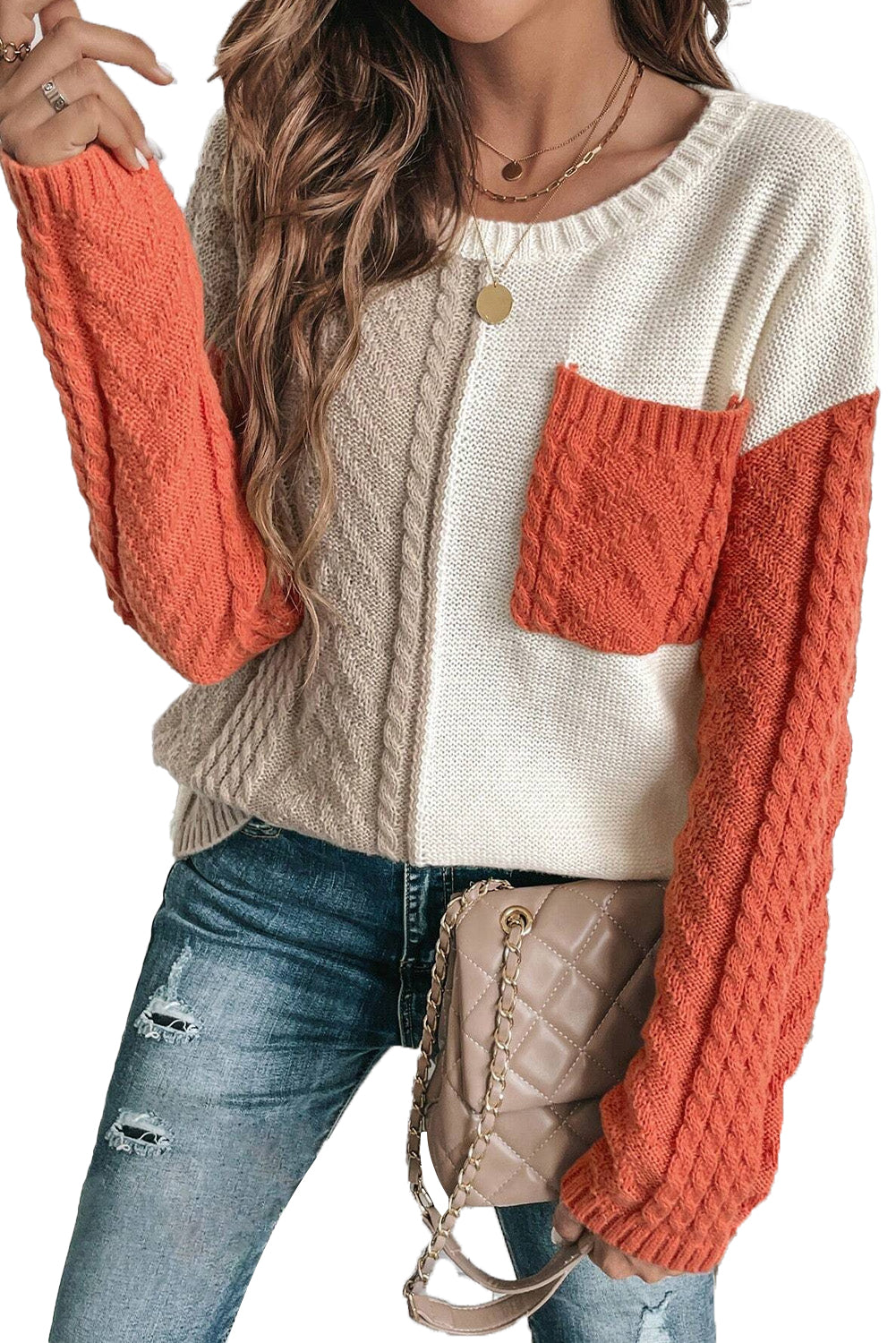 Gold Flame Colorblock Patched Pocket Drop Shoulder Sweater - Glimmer Road 