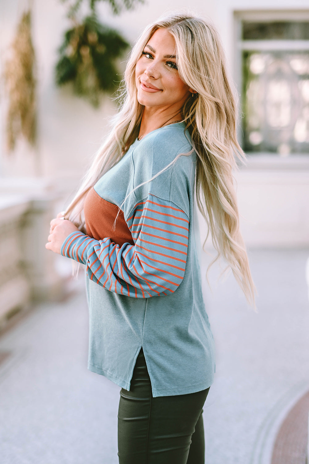 Green Colorblock Striped Bishop Sleeve Top - Glimmer Road 