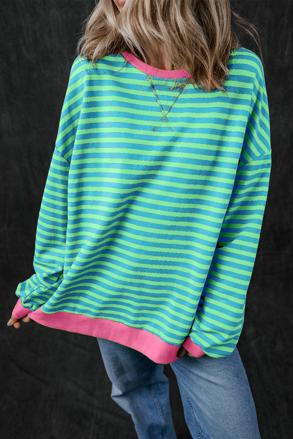 Sky Blue Stripe Oversized Contrast Trim Pullover Sweatshirt - Glimmer Road 