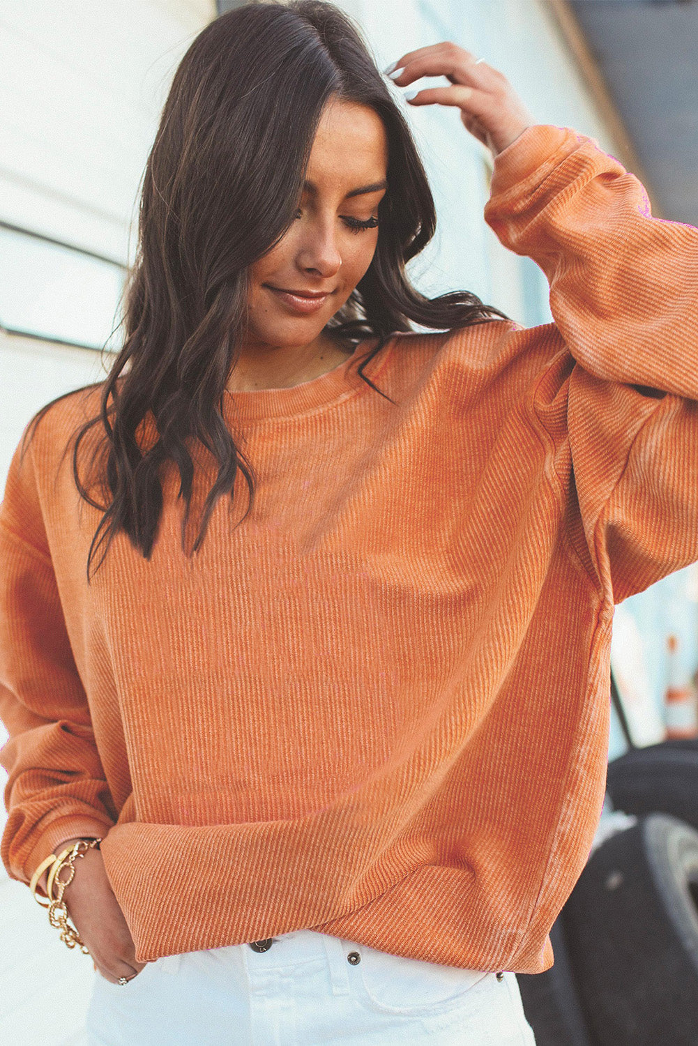 Orange Ribbed Corduroy Oversized Sweatshirt - Glimmer Road 