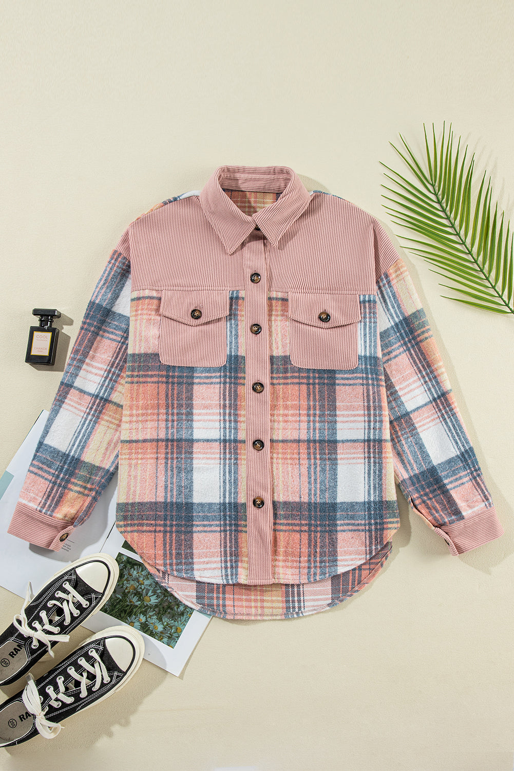 Light Pink Plaid Corduroy Patchwork Chest Pocket Shacket - Glimmer Road 
