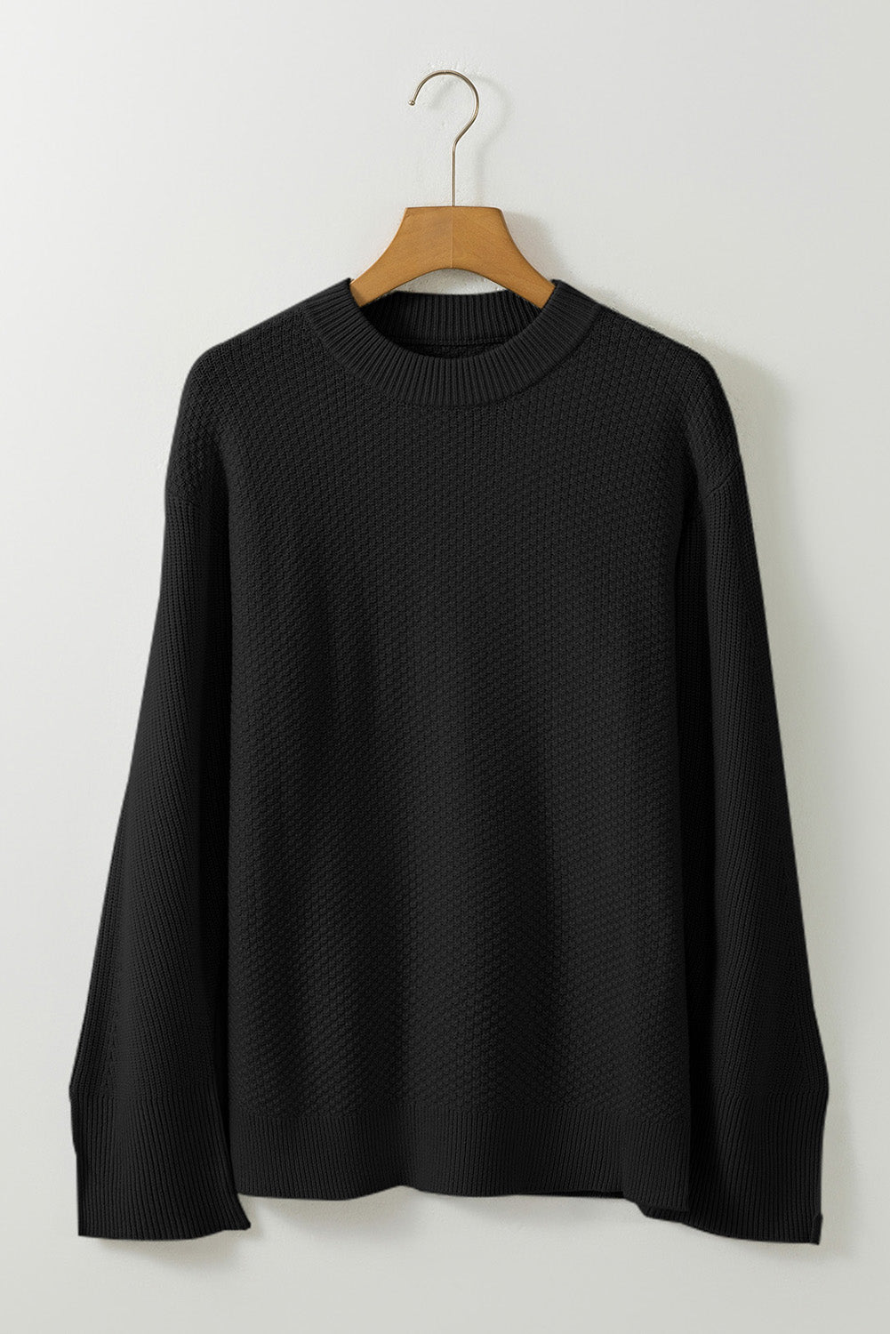 Black Solid Textured Knit Split Cuff Drop Shoulder Loose Sweater - Glimmer Road 
