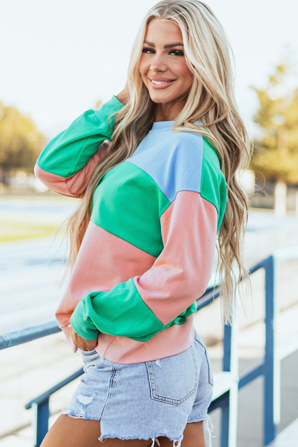 Blossom Colorblock Patchwork Drop Shoulder Sweatshirt - Glimmer Road 